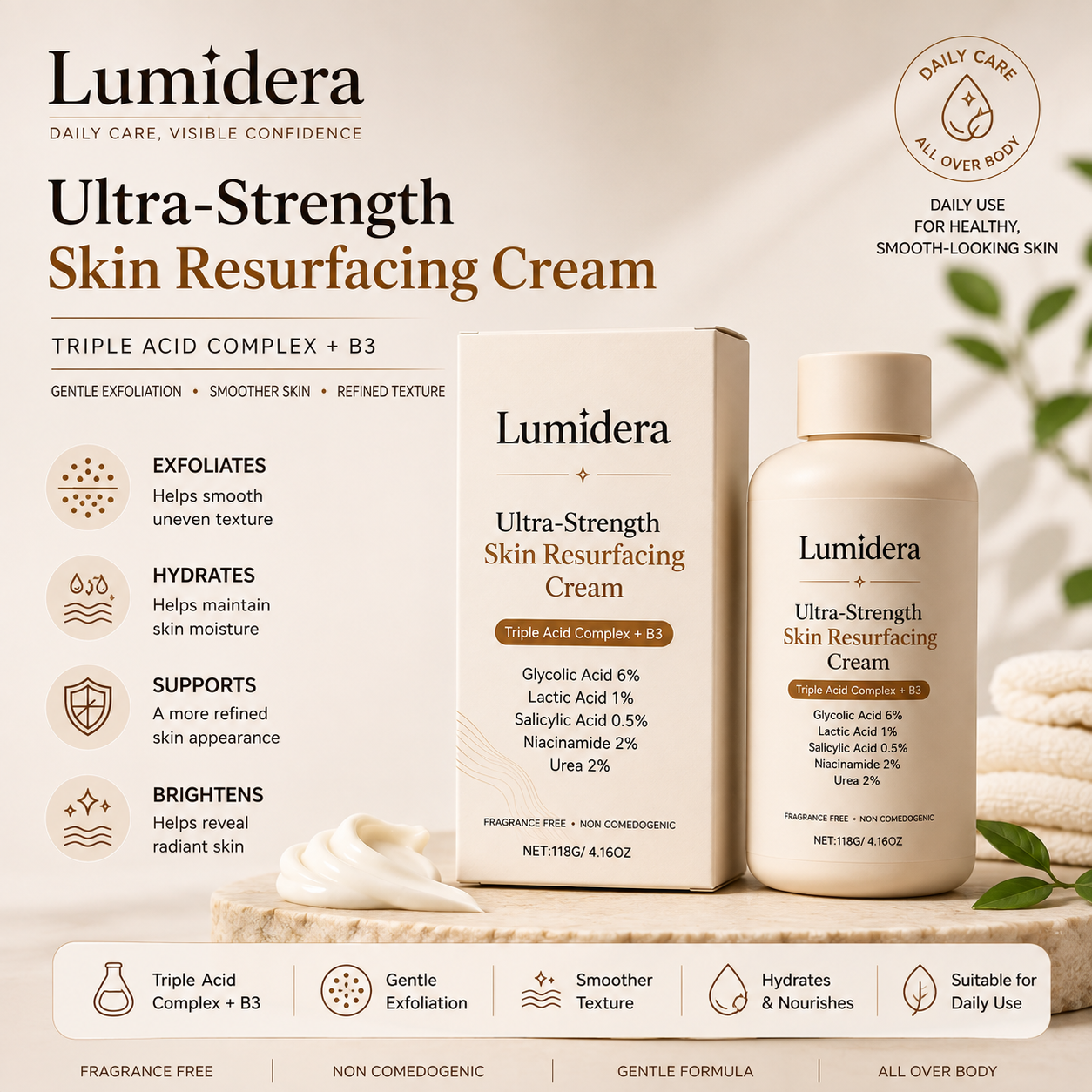 Lumidera Resurfacing Cream for Keratosis Pilaris, KP Bump Eraser Exfoliating Body Lotion with Glycolic, Lactic & Salicylic Acid for Rough and Bumpy Skin, 8 oz